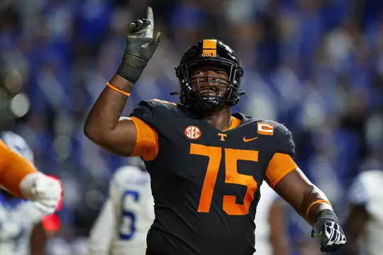KNOXVILLE, TN - October 29, 2022 - Offensive lineman Jerome Carvin #75 of the Tennessee Volunteers during the game between the Kentucky Wildcats and the Tennessee Volunteers at Neyland Stadium in Knoxville, TN. Photo By Kate Luffman/Tennessee Athletics