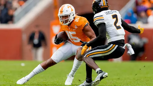 KNOXVILLE, TN - November 12, 2022 - Wide receiver Bru McCoy #15 of the Tennessee Volunteers during the game between the Missouri Tigers and the Tennessee Volunteers at Neyland Stadium in Knoxville, TN. Photo By Andrew Ferguson/Tennessee Athletics