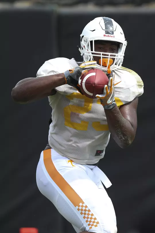 KNOXVILLE, TN - AUGUST 11, 2017 - Tight end LaTrell Bumphus #23 of the Tennessee Volunteers during 2017 Fall Training Camp practice on Haslam Field in Knoxville, TN. Photo By Kyle Zedaker/Tennessee Athletics