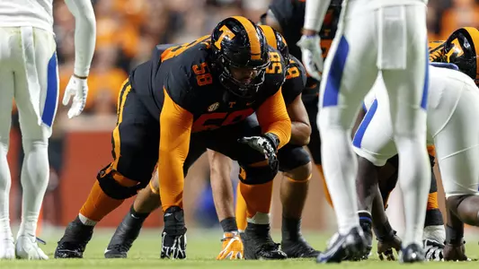 KNOXVILLE, TN - October 29, 2022 - Offensive lineman Darnell Wright #58 of the Tennessee Volunteers during the game between the Kentucky Wildcats and the Tennessee Volunteers at Neyland Stadium in Knoxville, TN. Photo By Ian Cox/Tennessee Athletics