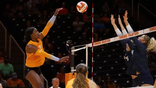 KNOXVILLE, TN - September 09, 2022 - Middle blocker Morgahn Fingall #7 of the Tennessee Lady Volunteers during the game between the New Hampshire Wildcats and the Tennessee Lady Volunteers at Thompson?Boling Arena in Knoxville, TN. Photo By Emma Corona/Tennessee Athletics