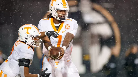 NASHVILLE, TN - November 26, 2022 - Quarterback Joe Milton III #7 and Running back Jabari Small #2 of the Tennessee Volunteers during the game between the Vanderbilt Commodores and the Tennessee Volunteers at Vanderbilt Stadium in Nashville, TN. Photo By Kate Luffman/Tennessee Athletics