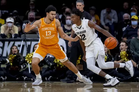 BOULDER, CO - December 04, 2021 - Forward Olivier Nkamhoua #13 of the Tennessee Volunteers during the game between the Colorado Buffaloes and the Tennessee Volunteers at CU Events Center in Boulder, CO. Photo By Andrew Ferguson/Tennessee Athletics
