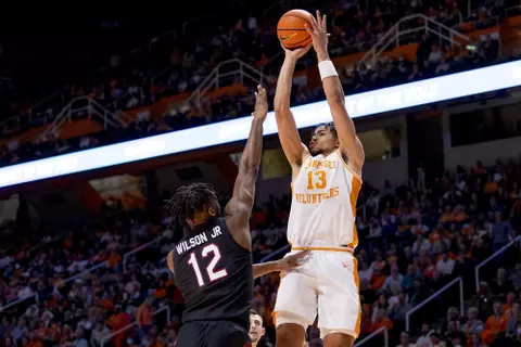 KNOXVILLE, TN - January 11, 2022 - Forward Olivier Nkamhoua #13 of the Tennessee Volunteers during the game between the South Carolina Gamecocks and the Tennessee Volunteers at Thompson?Boling Arena in Knoxville, TN. Photo By Andrew Ferguson/Tennessee Athletics