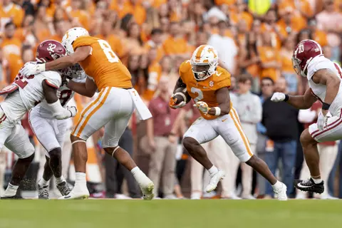 KNOXVILLE, TN - October 15, 2022 - Running back Jabari Small #2 of the Tennessee Volunteers during the game between the Alabama Crimson Tide and the Tennessee Volunteers at Neyland Stadium in Knoxville, TN. Photo By Andrew Ferguson/Tennessee Athletics