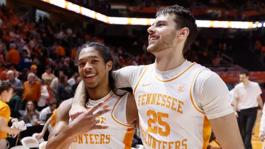 KNOXVILLE, TN - February 01, 2022 - Guard Zakai Zeigler #5 and Guard Santiago Vescovi #25 of the Tennessee Volunteers after the game between the Texas A&M Aggies and the Tennessee Volunteers at Thompson?Boling Arena in Knoxville, TN. Photo By Ian Cox/Tennessee Athletics