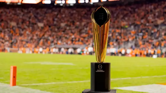 KNOXVILLE, TN - October 29, 2022 - The CFP Championship trophy during the game between the Kentucky Wildcats and the Tennessee Volunteers at Neyland Stadium in Knoxville, TN. Photo By Andrew Ferguson/Tennessee Athletics