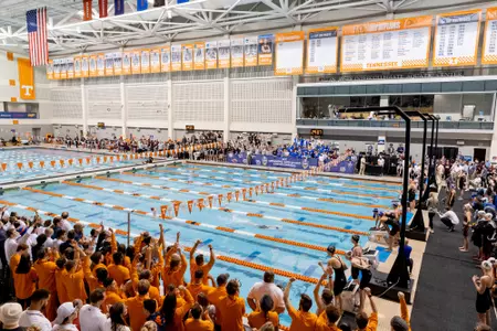 KNOXVILLE, TN - February 15, 2022 - Wide angle during the day one finals session of the 2022 SEC Swimming and Diving Championships at Allan Jones Intercollegiate Aquatic Center in Knoxville, TN. Photo By Andrew Ferguson/Tennessee Athletics