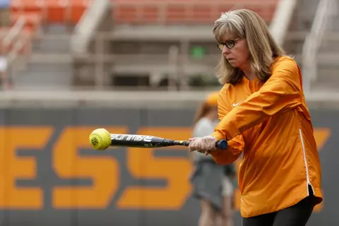 KNOXVILLE, TN - APRIL 13, 2019 - Co-Head Coach Karen Weekly of the Tennessee Lady Volunteers before the game between the Mississippi State Bulldogs and the Tennessee Volunteers at Sherri Parker Lee Stadium in Knoxville, TN. Photo By Maury Neipris/Tennessee Athletics