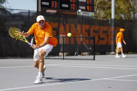 KNOXVILLE, TN - April 09, 2021 - Johannus Monday of the Tennessee Volunteers during the game between the LSU Tigers and the Tennessee Volunteers at Goodfriend Tennis Center in Knoxville, TN. Photo By Caleb Jones/Tennessee Athletics