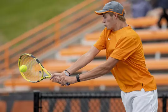 KNOXVILLE, TN - May 08, 2021 - Johannus Monday of the Tennessee Volunteers during the 2021 NCAA Men?s Tennis Tournament first round match between the Alabama A&M Bulldogs and the Tennessee Volunteers at Barksdale Stadium in Knoxville, TN. Photo By Andrew Ferguson/Tennessee Athletics