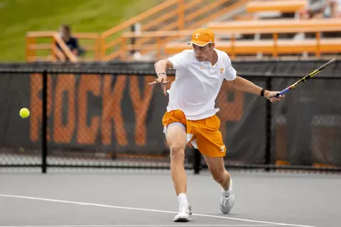 KNOXVILLE, TN - May 09, 2021 - Johannus Monday of the Tennessee Volunteers during the 2021 NCAA Men?s Tennis Tournament second round match between the Memphis Tigers and the Tennessee Volunteers at Barksdale Stadium in Knoxville, TN. Photo By Andrew Ferguson/Tennessee Athletics