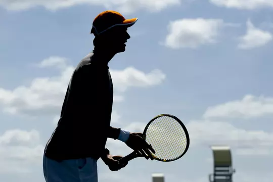 ORLANDO, FL - May 20, 2021 - Johannus Monday of the Tennessee Volunteers before the 2021 NCAA Men?s Tennis Tournament national quarterfinal match between the Georgia Bulldogs and the Tennessee Volunteers at the USTA National Campus in Orlando, FL. Photo By Andrew Ferguson/Tennessee Athletics