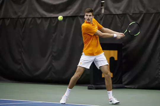 KNOXVILLE, TN - JANUARY 26, 2020 - Mark Wallner of the Tennessee Volunteers during the match between the Columbia Lions and the Tennessee Volunteers at Goodfriend Tennis Center in Knoxville, TN. Photo By Caleb Jones/Tennessee Athletics