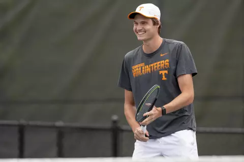 KNOXVILLE, TN - May 08, 2021 - Mark Wallner of the Tennessee Volunteers during the 2021 NCAA Men?s Tennis Tournament first round match between the Alabama A&M Bulldogs and the Tennessee Volunteers at Barksdale Stadium in Knoxville, TN. Photo By Andrew Ferguson/Tennessee Athletics
