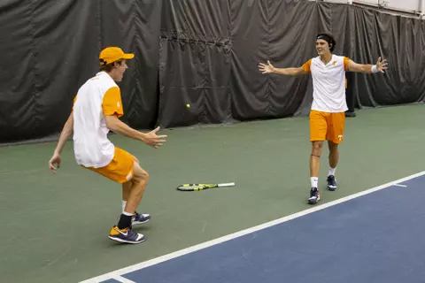KNOXVILLE, TN - MAY 04, 2019 - Pat Harper of the Tennessee Volunteers and Adam Walton of the Tennessee Volunteers during the 2019 NCAA Men's Tennis Tournament second round match between the NC State Wolfpack and the Tennessee Volunteers at Goodfriend Tennis Center in Knoxville, TN. Photo By Andrew Ferguson/Tennessee Athletics