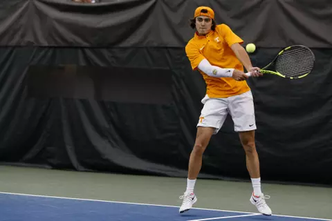 KNOXVILLE, TN - JANUARY 20, 2020 - Adam Walton of the Tennessee Volunteers during the match between the University of Pennsylvania Quakers and the Tennessee Volunteers at Goodfriend Tennis Center in Knoxville, TN. Photo By Maury Neipris/Tennessee Athletics