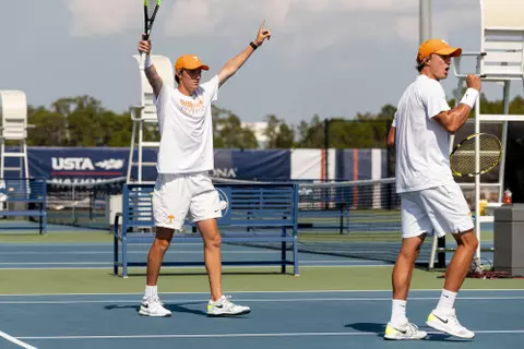 ORLANDO, FL - May 28, 2021 - Pat Harper and Adam Walton of the Tennessee Volunteers after the 2021 NCAA Men?s tennis doubles national championship match between the Auburn Tigers and the Tennessee Volunteers at USTA National Campus in Orlando, FL. Photo By Andrew Ferguson/Tennessee Athletics
