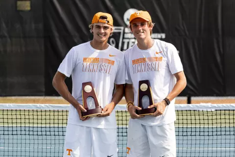 ORLANDO, FL - May 28, 2021 - Adam Walton and Pat Harper of the Tennessee Volunteers after winning the 2021 NCAA Men?s tennis doubles national championship match between the Auburn Tigers and the Tennessee Volunteers at USTA National Campus in Orlando, FL. Photo By Andrew Ferguson/Tennessee Athletics