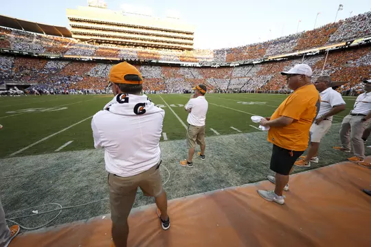 KNOXVILLE, TN - SEPTEMBER 24, 2016 - Tennessee Volunteers Assistant Equipment Manager Allen "Hawk" Sitzler, Tennessee Volunteers Assistant Equipment Manager Max Parrott, and Tennessee Volunteers Head Equipment Manager Roger Frazier during the game between the Florida Gators and the Tennessee Volunteers at Neyland Stadium in Knoxville, TN. Photo By Donald Page/Tennessee Athletics