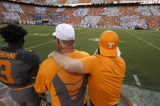 KNOXVILLE, TN - SEPTEMBER 24, 2016 - Tennessee Volunteers Head Equipment Manager Roger Frazier and son Barrett Frazier during the game between the Florida Gators and the Tennessee Volunteers at Neyland Stadium in Knoxville, TN. Photo By Donald Page/Tennessee Athletics