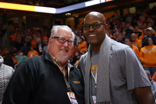 KNOXVILLE, TN - JANUARY 13, 2018 - VFL Dale Ellis and Director of Equipment and Apparel Roger Frazier before the game between the Texas A&M Aggies and the Tennessee Volunteers at Thompson-Boling Arena in Knoxville, TN. Photo By Summer Simmons/Tennessee Athletics