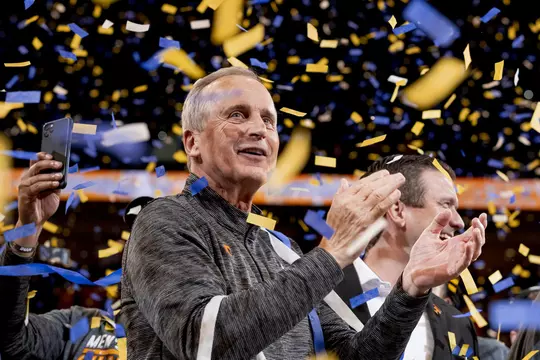 TAMPA, FL - March 13, 2022 - Head Coach Rick Barnes of the Tennessee Volunteers after winning the 2022 SEC Men?s Basketball Tournament championship game between the Texas A&M Aggies and the Tennessee Volunteers at Amalie Arena in Tampa, FL. Photo By Andrew Ferguson/Tennessee Athletics