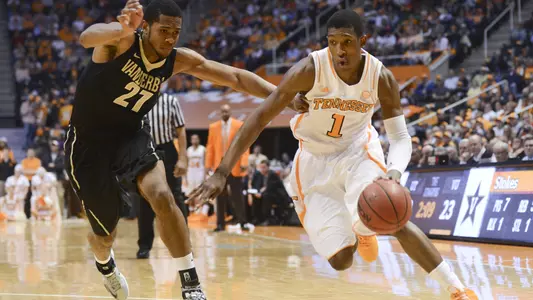 KNOXVILLE, TN - JANUARY 28, 2013:  guard Josh Richardson #1 of the Tennessee Volunteers during the game between the Vanderbilt Commodores and the Tennessee Volunteers at Thompson-Boling Arena in Knoxville, TN. Photo By Wade Rackley/Tennessee Athletics