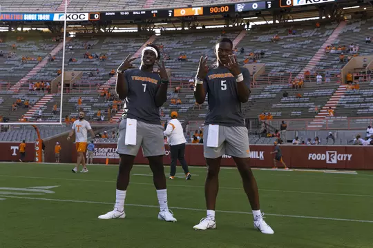 KNOXVILLE, TN - September 02, 2021 - Quarterback Joe Milton III #7 and Quarterback Hendon Hooker #5 of the Tennessee Volunteers before the game between the Bowling Green Falcons and the Tennessee Volunteers at Neyland Stadium in Knoxville, TN. Photo By Andrew Ferguson/Tennessee Athletics