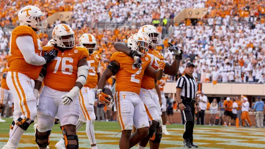 KNOXVILLE, TN - September 24, 2022 - Running back Jabari Small #2 and Offensive lineman Jerome Carvin #75 of the Tennessee Volunteers during the game between the Florida Gators and the Tennessee Volunteers at Neyland Stadium in Knoxville, TN. Photo By Andrew Ferguson/Tennessee Athletics