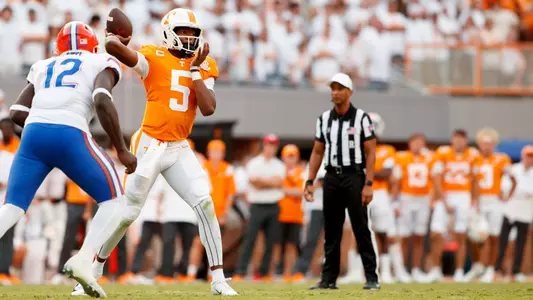 KNOXVILLE, TN - September 24, 2022 - Quarterback Hendon Hooker #5 of the Tennessee Volunteers during the game between the Florida Gators and the Tennessee Volunteers at Neyland Stadium in Knoxville, TN. Photo By Emma Corona/Tennessee Athletics