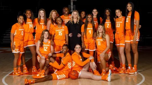KNOXVILLE, TN - September 14, 2022 - 2022-2023 Tennessee Lady Volunteers Women's Basketball team photos taken during 2022 Photo Day at Thompson Boling Arena in Knoxville, TN. Photo By Kate Luffman/Tennessee Athletics..Back Row (L-R): Guard Brooklynn Miles #0, Jasmine Franklin #14, Sara Puckett #1, Tess Darby #21, Jillian Hollingshead #53, Kaiya Wynn #5, Justine Pissott #13, Rickea Jackson #2, Marta Suárez #33, Tamari Key #20 ..Middle Row: Edie Darby #12, Jasmine Powell #15, Head Coach Kellie Harper, Jordan Walker #4, Karoline Striplin #11..Front Row: Jordan Horston #25, Jessie Rennie #10