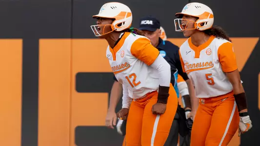 KNOXVILLE, TN - May 20, 2022 - Infielder Lair Beautae #12 and Catcher/Outfielder Rylie West #5 of the Tennessee Lady Volunteers during the 2022 NCAA Softball tournament regional game between the Campbell Fighting Camels and the Tennessee Lady Volunteers at Sherri Parker Lee Stadium in Knoxville, TN. Photo By Andrew Ferguson/Tennessee Athletics