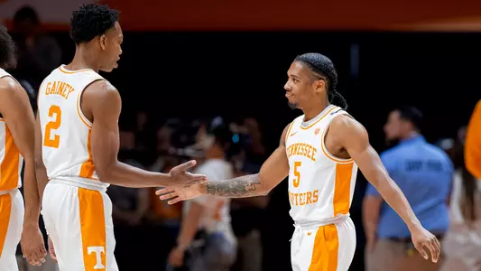 KNOXVILLE, TN - November 06, 2023 - Guard Jordan Gainey #2 and Guard Zakai Zeigler #5 of the Tennessee Volunteers during the game between the Tennessee Tech Golden Eagles and the Tennessee Volunteers at Food City Center in Knoxville, TN. Photo By Andrew Ferguson/Tennessee Athletics