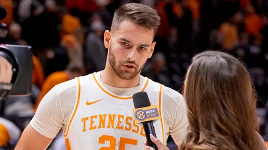 KNOXVILLE, TN - January 10, 2023 - Guard Santiago Vescovi #25 of the Tennessee Volunteers after the game between the Vanderbilt Commodores and the Tennessee Volunteers at Thompson?Boling Arena in Knoxville, TN. Photo By Andrew Ferguson/Tennessee Athletics