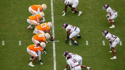 KNOXVILLE, TN - October 14, 2023 - Offensive line during the game between the Texas A&M Aggies and the Tennessee Volunteers at Neyland Stadium in Knoxville, TN. Photo By Kate Luffman/Tennessee Athletics