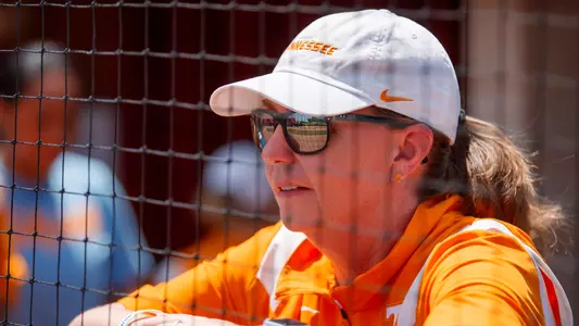 FAYETTEVILLE, AR - May 13, 2023 - Head Coach Karen Weekly of the Tennessee Lady Volunteers before the 2023 SEC Softball Tournament Championship game between the South Carolina Gamecocks and the Tennessee Lady Volunteers at Bogle Park in Fayetteville, AR. Photo By Kate Luffman/Tennessee Athletics