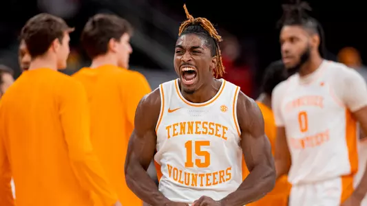 SAN ANTONIO, TX - December 16, 2023 - Guard Jahmai Mashack #15 of the Tennessee Volunteers during the Basketball Hall of Fame Series game between the NC State Wolfpack and the Tennessee Volunteers at Frost Bank Center in San Antonio, TX. Photo By Andrew Ferguson/Tennessee Athletics