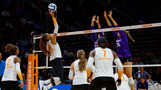 KNOXVILLE, TN - December 01, 2023 - Outside hitter Jenaisya Moore #18 of the Tennessee Lady Volunteers during the first round game of the 2023 NCAA Women?s Volleyball tournament between the High Point Panthers and the Tennessee Lady Volunteers at Thompson-Boling Arena at Food City Center in Knoxville, TN. Photo By Emma Ramsey/Tennessee Athletics