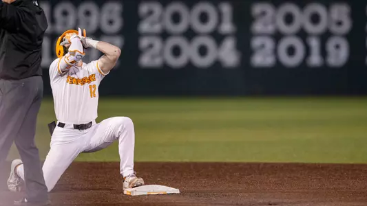KNOXVILLE, TN - February 21, 2023 - Utility Ethan Payne #12 of the Tennessee Volunteers during the game between the Alabama A&M Bulldogs and the Tennessee Volunteers at Lindsey Nelson Stadium in Knoxville, TN. Photo By Emma Ramsey/Tennessee Athletics