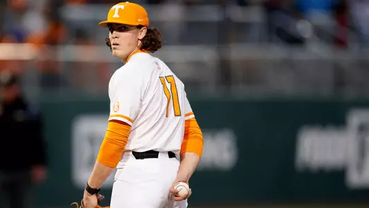 KNOXVILLE, TN - February 24, 2023 - Pitcher Chase Dollander #11 of the Tennessee Volunteers before the game between the Dayton Flyers and the Tennessee Volunteers at Lindsey Nelson Stadium in Knoxville, TN. Photo By Emma Corona/Tennessee Athletics