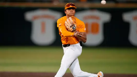 KNOXVILLE, TN - February 28, 2023 - Infielder Christian Moore #1 of the Tennessee Volunteers during the game between the Charleston Southern Buccaneers and the Tennessee Volunteers at Lindsey Nelson Stadium in Knoxville, TN. Photo By Emma Corona/Tennessee Athletics