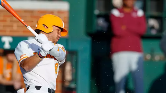 KNOXVILLE, TN - February 21, 2023 - Outfielder Christian Scott #8 of the Tennessee Volunteers during the game between the Alabama A&M Bulldogs and the Tennessee Volunteers at Lindsey Nelson Stadium in Knoxville, TN. Photo By Emma Ramsey/Tennessee Athletics