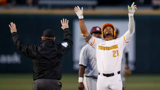 KNOXVILLE, TN - February 21, 2023 - Outfielder/infielder  Kavares Tears #21 of the Tennessee Volunteers during the game between the Alabama A&M Bulldogs and the Tennessee Volunteers at Lindsey Nelson Stadium in Knoxville, TN. Photo By Avery Bane/Tennessee Athletics