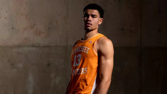 KNOXVILLE, TN - October 12, 2022 - Forward Olivier Nkamhoua #13 of the Tennessee Volunteers portrait taken during 2022 Photo Day at Thompson-Boling Arena in Knoxville, TN. Photo By Andrew Ferguson/Tennessee Athletics