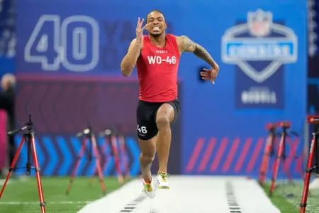 Tennessee wide receiver Cedric Tillman runs a drill at the NFL football scouting combine in Indianapolis, Saturday, March 4, 2023. (AP Photo/Michael Conroy)