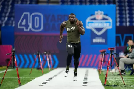 Tennessee defensive lineman Byron Young runs a drill at the NFL football scouting combine in Indianapolis, Thursday, March 2, 2023. (AP Photo/Darron Cummings)