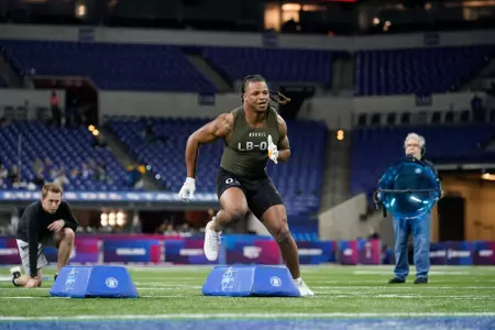 Tennessee linebacker Jeremy Banks runs a drill at the NFL football scouting combine in Indianapolis, Thursday, March 2, 2023. (AP Photo/Michael Conroy)