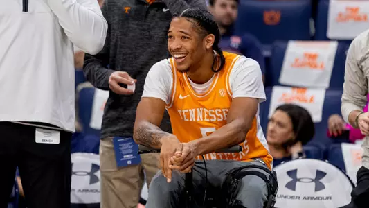 AUBURN, AL - March 04, 2023 - Guard Zakai Zeigler #5 of the Tennessee Volunteers before the game between the Auburn Tigers and the Tennessee Volunteers at Auburn Arena in Auburn, AL. Photo By Andrew Ferguson/Tennessee Athletics