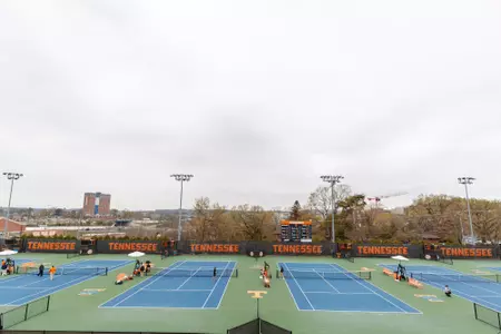KNOXVILLE, TN - March 09, 2023 - Wide shot of tennis courts during the game between the Vanderbilt Commodores and the Tennessee Volunteers at Barksdale Stadium in Knoxville, TN. Photo By Kate Luffman/Tennessee Athletics